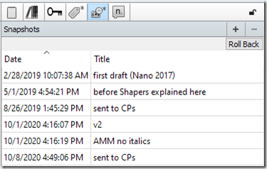 snapshots a screenshot from Scrivener of 6 dated and labeled drafts of a scene